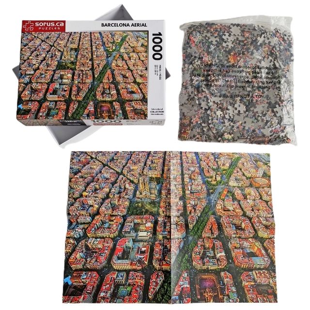 Puzzle box  contents with Aerial view of detailed architecture in Barcelona Spain 1000 piece jigsaw puzzle by Sorus Puzzles