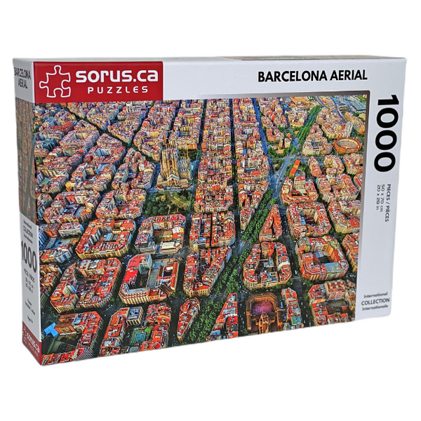 Isometric puzzle box with Aerial view of detailed architecture in Barcelona Spain 1000 piece jigsaw puzzle by Sorus Puzzles