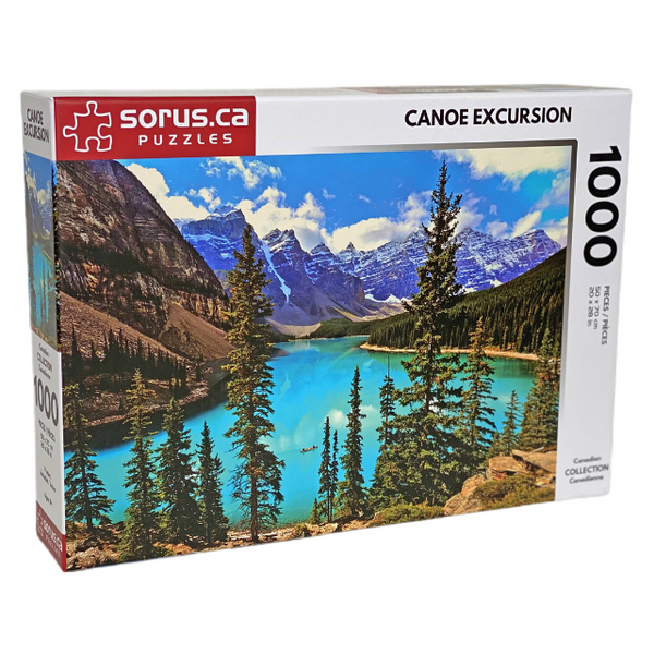 Isometric puzzle box of Canoe Excursion on bright blue Moraine Lake in Alberta Canada 1000 piece jigsaw puzzle by Sorus Puzzles