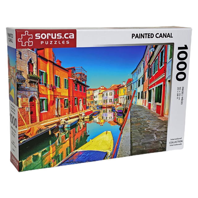 Isometric puzzle box of Colorfully Painted Venice Italy Canal 1000 piece jigsaw puzzle by Sorus Puzzles