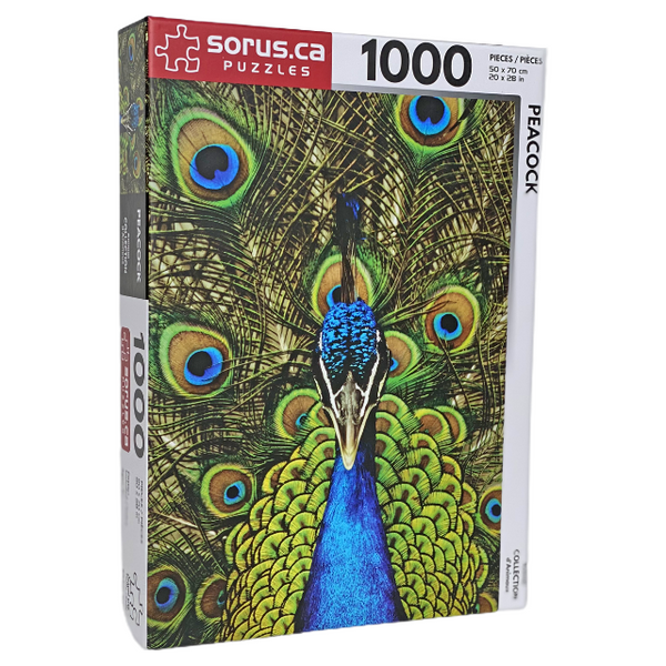 Isometric puzzle box of blue and green Peacock 1000 piece jigsaw puzzle by Sorus Puzzles