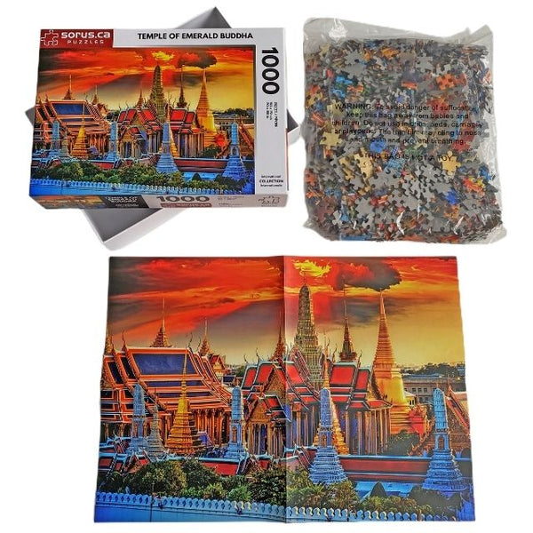 Puzzle box contents of Temple of Emerald Buddha with red sky in Bangkok Thailand 1000 piece jigsaw puzzle by Sorus Puzzles